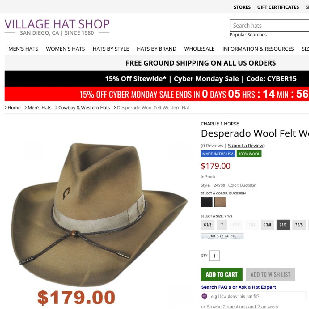 Charlie1Horse "Desperado"  Cowboy Hat Size 7-1/2